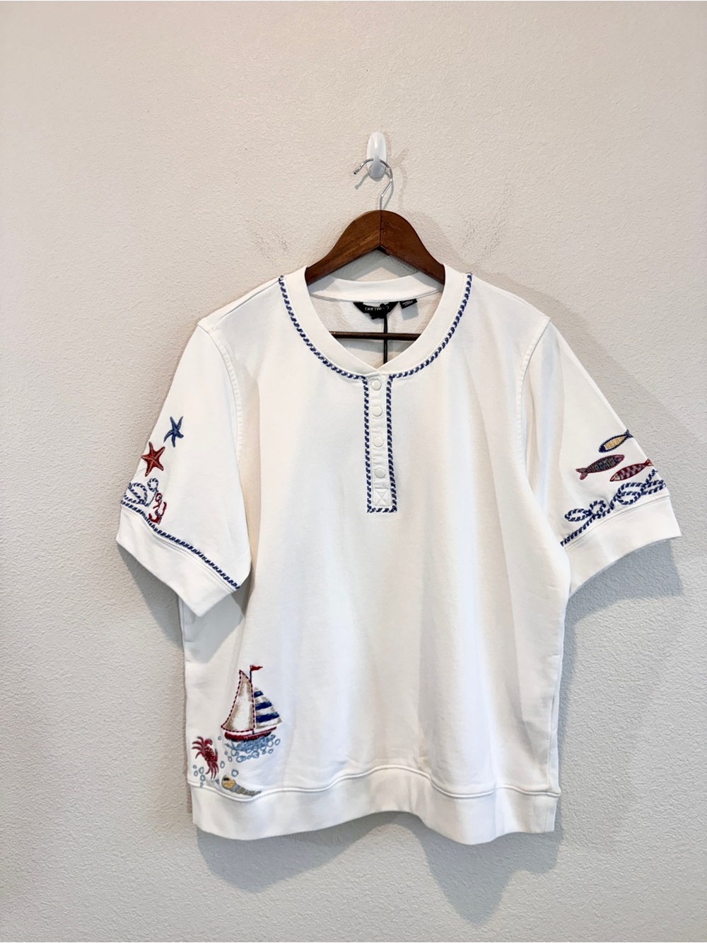 Driftwood Nautical Embroidered Henley Top 1X Coastal Sailor Resort NWT J52